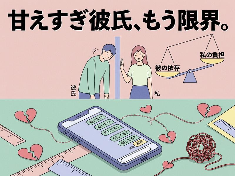 甘えすぎの彼氏に疲弊し、限界を感じる女性のイラスト。依存と負担の天秤が描かれている。