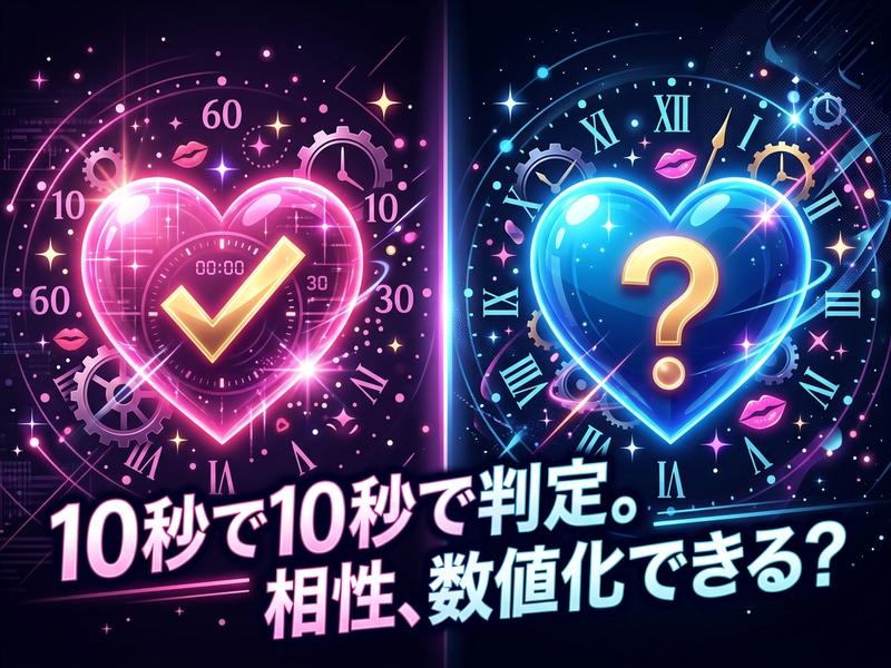 相性診断アプリのイメージ。ピンクと青のハートにチェックとクエスチョンマーク。