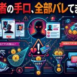 アプリ詐欺の手口図。偽プロフで金銭を騙し取る様子。