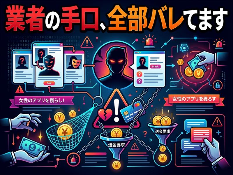 アプリ詐欺の手口図。偽プロフで金銭を騙し取る様子。