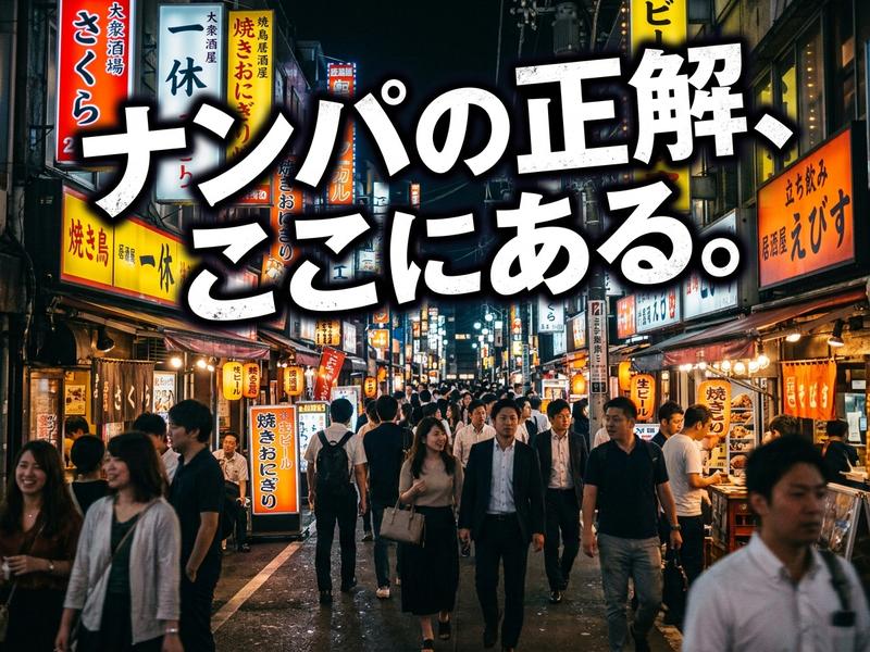 提灯やネオンが輝く日本の夜の繁華街で、多くの人々が行き交う様子。