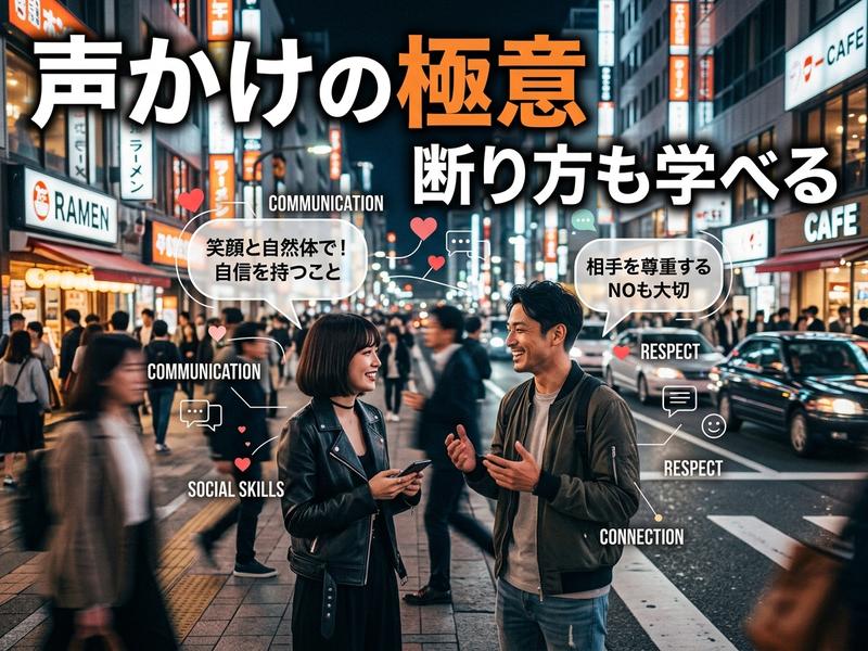 街角で笑顔で会話する男女。声かけと断り方の極意を学ぶイラスト。