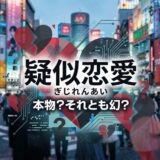 「疑似恋愛」の文字、都会の夜景、回路、壊れたハートのイメージ。