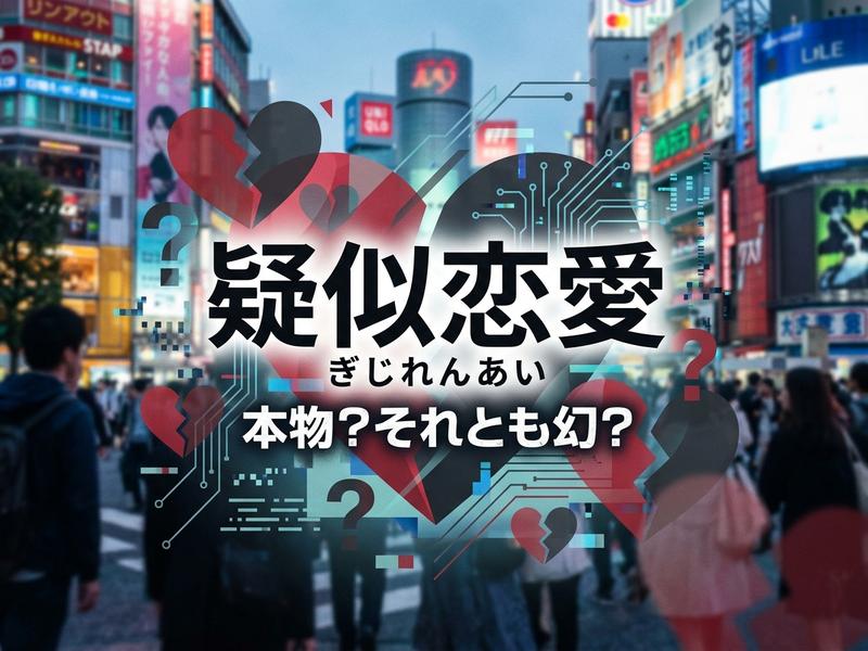 「疑似恋愛」の文字、都会の夜景、回路、壊れたハートのイメージ。