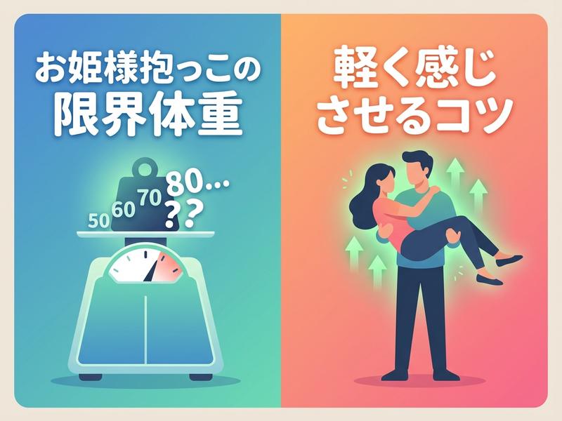 お姫様抱っこの限界体重と、軽く感じるためのコツを解説するイラスト。
