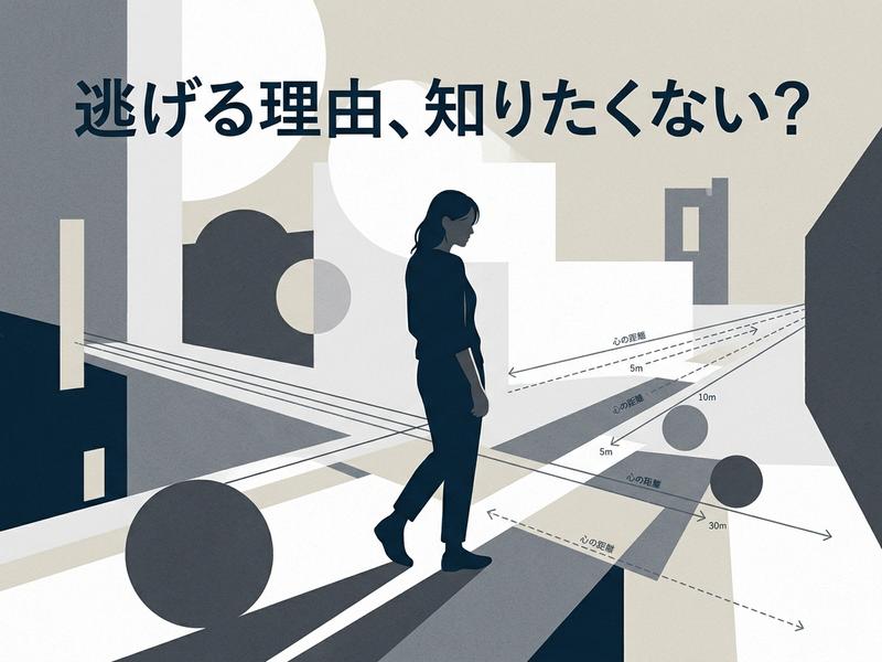 「逃げる理由」の問いかけ。心の距離と歩く女性の抽象画。