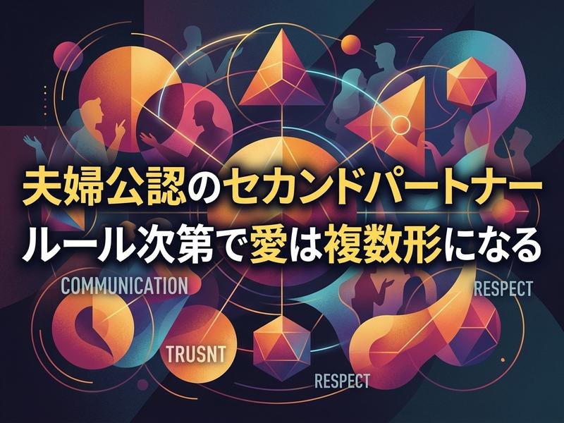 夫婦公認セカンドパートナーと愛の複数形をテーマにした抽象イラスト。コミュニケーション、信頼、尊敬の文字。