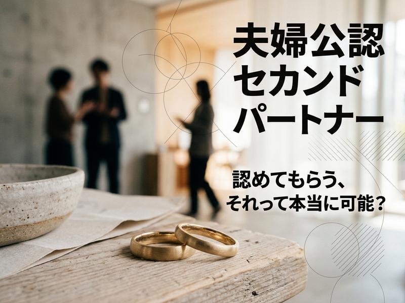 結婚指輪と「夫婦公認セカンドパートナー」の問いかけが書かれた日本語テキスト。