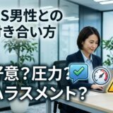 オフィスでPCを使う女性と、「ドS男性との付き合い方」「好意?圧力?ハラスメント?」の問いかけ。