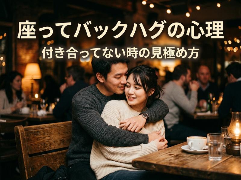 カフェで仲良く座ってバックハグする男女。
