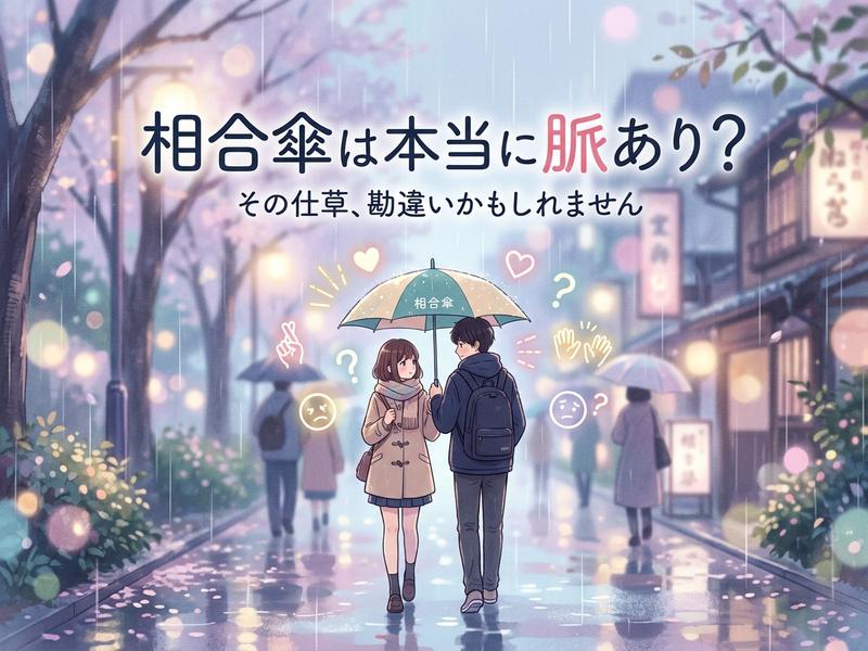 雨の街で相合傘をする男女。「脈あり？」の疑問を投げかけるイラスト。