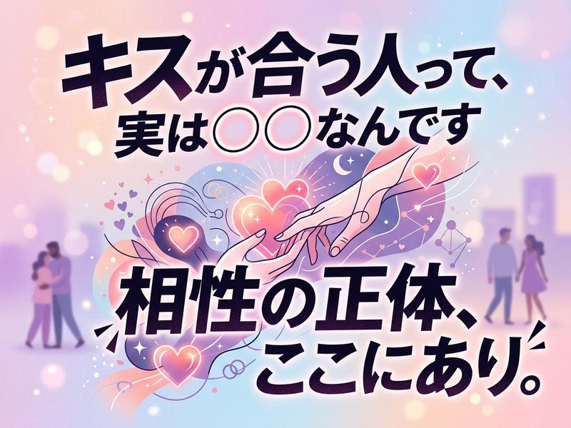 「キスが合う人の秘密」「相性の正体」をテーマに、手やカップルを描いたロマンチックなイラスト。