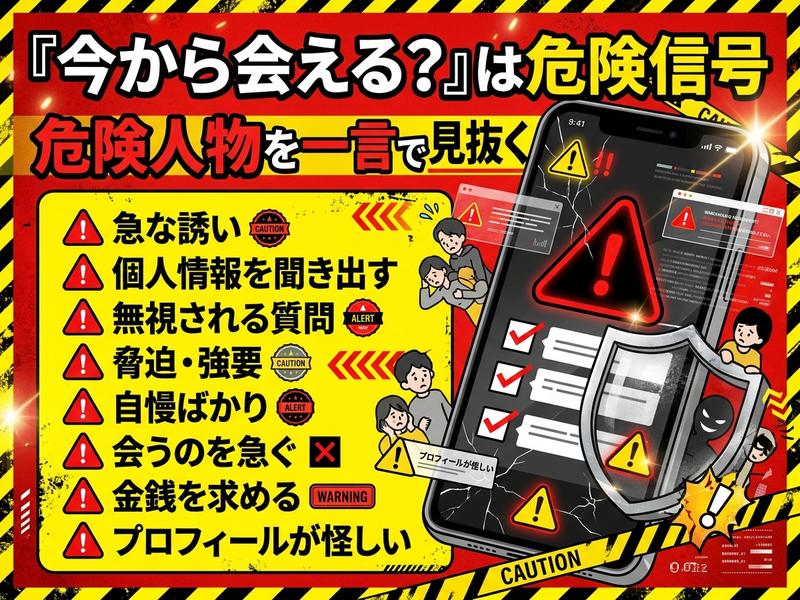 「今から会える？」は危険信号。オンラインの危険人物の特徴と注意を促すポスター。
