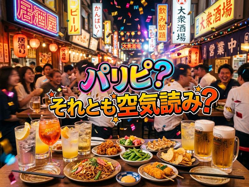 活気ある居酒屋で飲み食いする人々と「パリピ？それとも空気読み？」の文字。