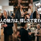 大人の女性が美術館やバーで交流し、アプリで出会いを探す様子。「大人の魅力は、探し方で変わる。」