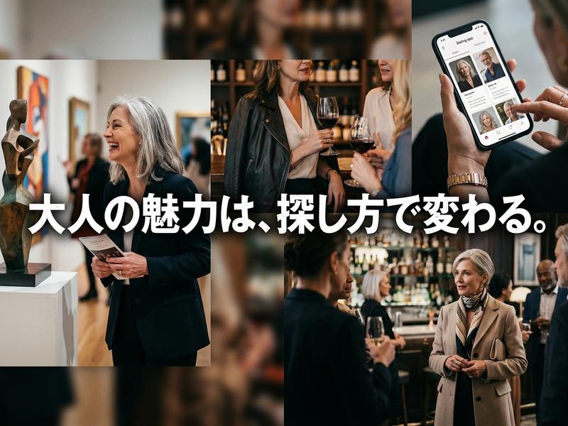 大人の女性が美術館やバーで交流し、アプリで出会いを探す様子。「大人の魅力は、探し方で変わる。」