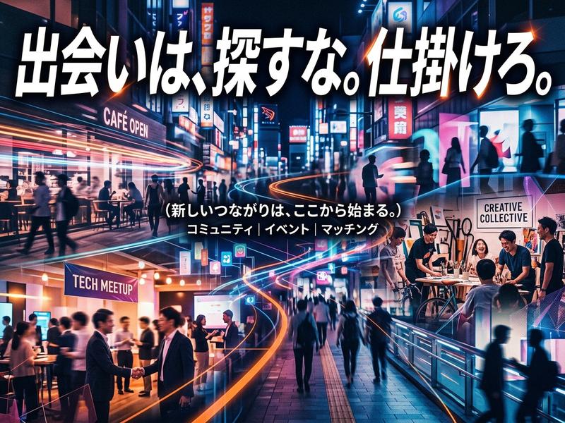 ネオン輝く未来都市で、人々がイベントやコミュニティを通じて新たな出会いを創出する様子。