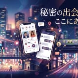 「秘密の出会い」の文字が入った、都会の夜景とマッチングアプリのスマホ。