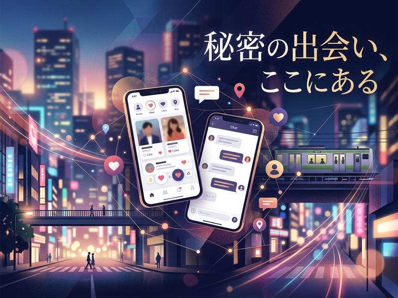 「秘密の出会い」の文字が入った、都会の夜景とマッチングアプリのスマホ。