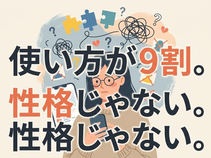 「使い方が9割、性格じゃない」というメッセージと悩む女性のイラスト。