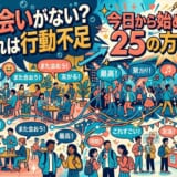 出会いをテーマに、カフェやイベントで人々が交流する様子と「25の方法」が描かれたイラスト。