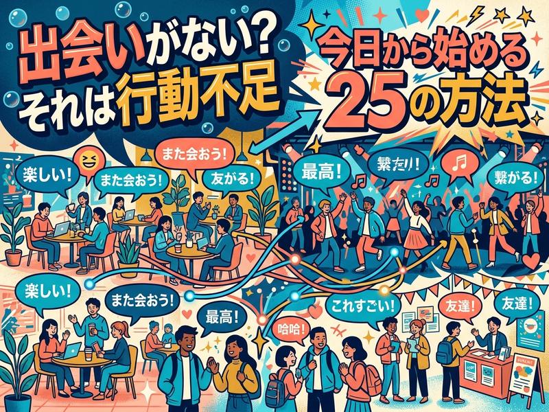 出会いをテーマに、カフェやイベントで人々が交流する様子と「25の方法」が描かれたイラスト。