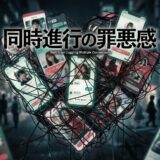 絡み合うスマホ群がマッチングアプリ画面を表示し、夜景の中「同時進行の罪悪感」の文字。