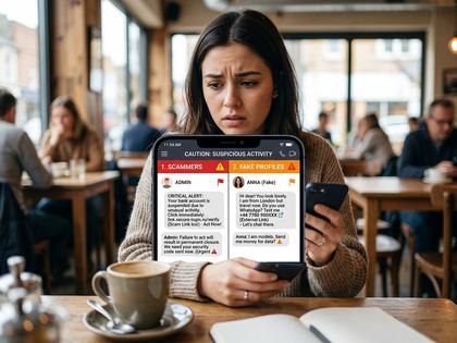 スマートフォンのメッセージ画面を少し不安そうな表情で見つめる20代女性、カフェの窓際、自然光、800×600
