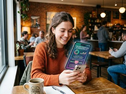 カフェでスマホを見ながら微笑む20代女性、価値観診断の画面が映っている