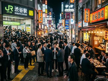 夜の東京の繁華街を歩く20代女性2人組、ネオンと人通り、800px×600px
