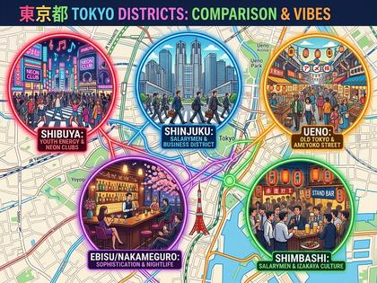 渋谷・新宿・恵比寿など東京の主要エリアを比較した地図風イラスト、800px×600px