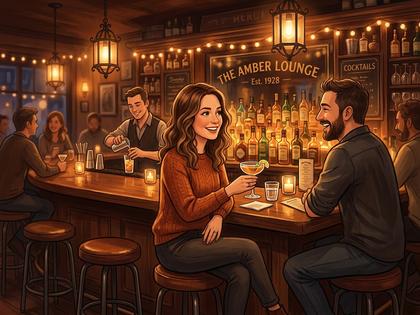 バーのカウンター席に座る女性とグラス、暖色の照明、800px×600px