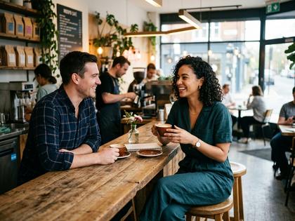 カフェのカウンター席で男性と向かい合い、笑いながら会話する20代女性の写真 800px×600px