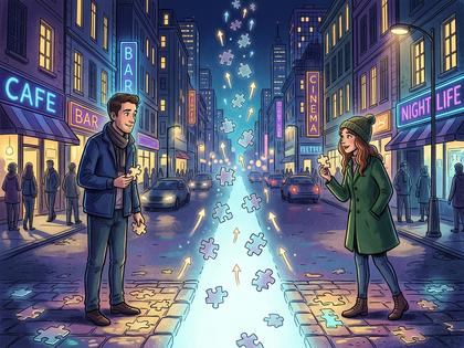 夜の街を歩きながら少し距離を取って話す男女のシルエット 800px×600px