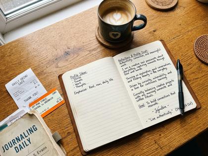 ノートにプロフィール文の下書きをしている女性の手元、コーヒーとペン