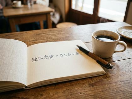 「疑似恋愛＝ぎじれんあい」と書かれたノートとペン、カフェのテーブル、800×600