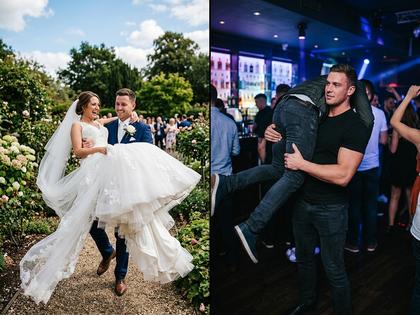 結婚式のガーデンでドレス姿の花嫁をお姫様抱っこする新郎、青空と自然光、800×600