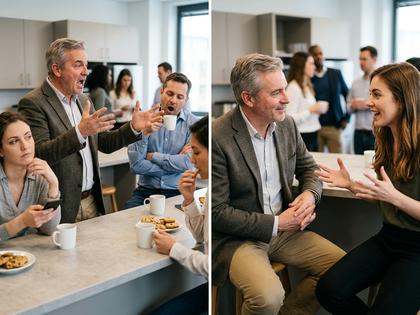 カフェで人の話を静かに聞いている中年男性、テーブルにコーヒー、800px×600px