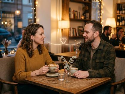 カフェのテーブルで向かい合って穏やかに話す30代の男女、手前にコーヒーカップ、800px×600px