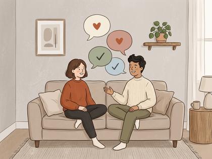 リビングで並んで座り、笑いながら会話する夫婦のシルエット、800px×600px