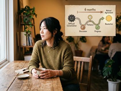 昼間のカフェの窓際でノートを広げ、穏やかな表情で語る30代後半の女性、800px×600px