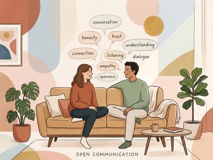 休日のリビングで並んで座り笑いながら会話する夫婦、観葉植物のある明るい部屋