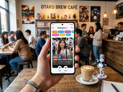 スマホでマッチングアプリの趣味タグ画面を見る20代女性、カフェのテーブル、800×600