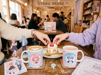 コラボカフェのテーブルに置かれたドリンクとグッズ、向かい合う男女の手元、800×600