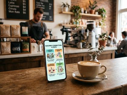 スマホを見ながらカフェのカウンター席でコーヒーを飲む20代女性の後ろ姿。落ち着いた雰囲気、800px×600px