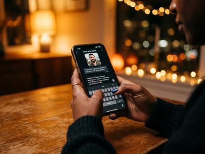 スマホでメッセージを打つ女性の手元のアップ。夜の室内、暖色の照明、800px×600px