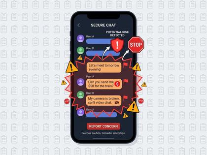 スマホの画面に警告マークが表示されているイメージ、シンプルな平面イラスト、800px×600px