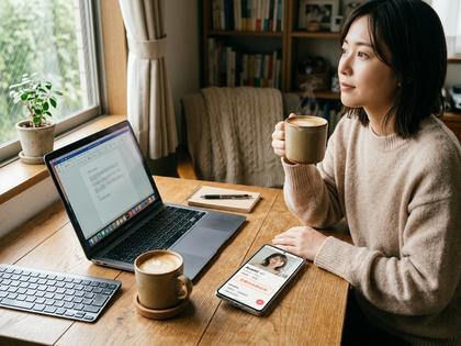 ノートパソコンとコーヒーが置かれた自宅のテーブル、リラックスした休日の雰囲気、800px×600px