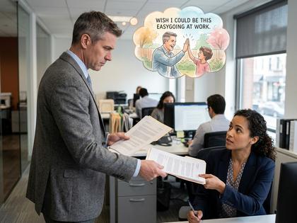オフィスのデスクで書類を渡しながら部下に指示を出す男性社員と、少し緊張した表情で受け取る女性社員の様子。800px×600px