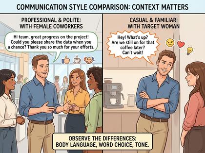 会議室で他の同僚と談笑する男性を、離れた席から観察する女性社員のイラスト。800px×600px